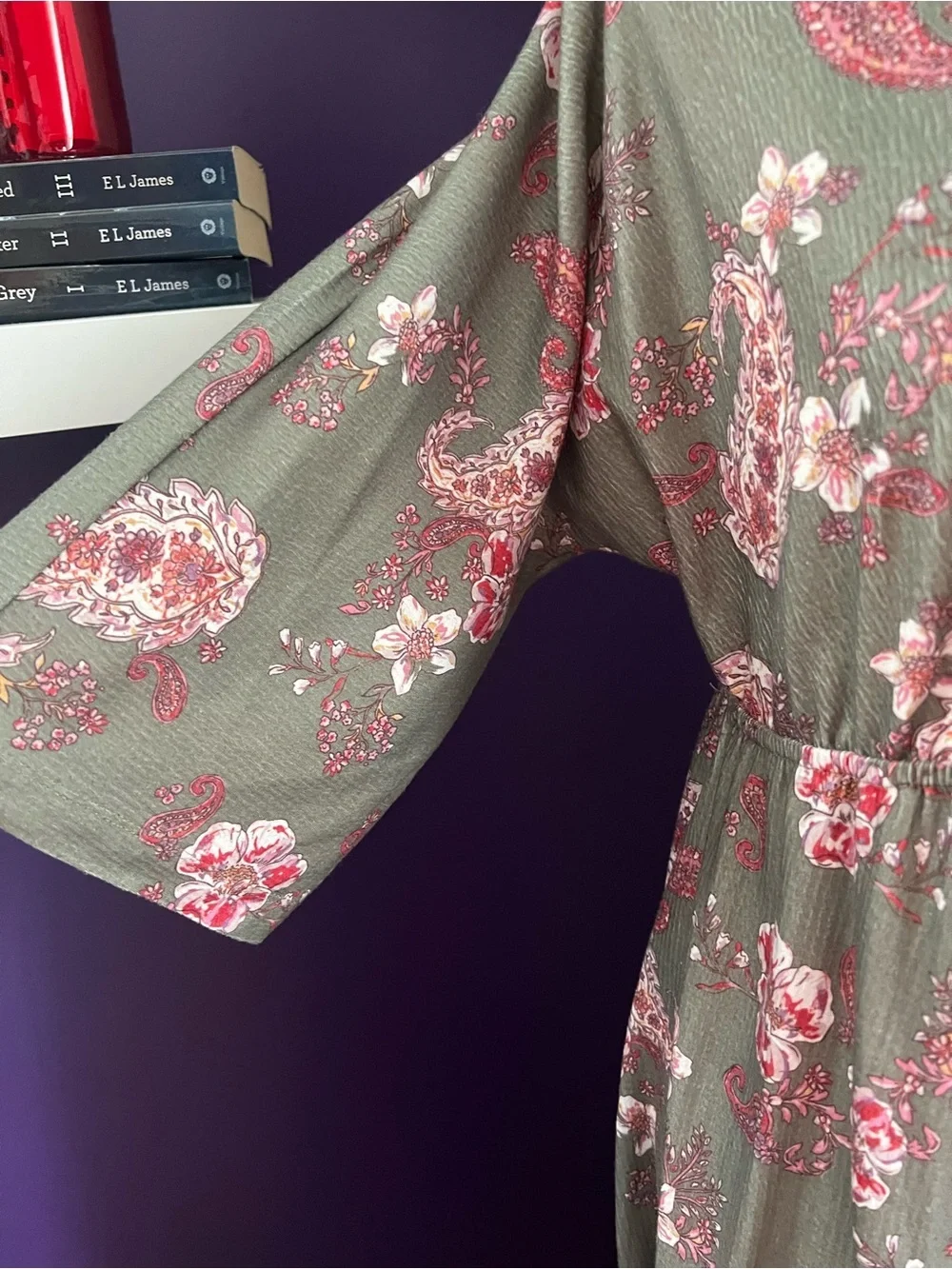 7 for $30 ONE WORLD Olive Maxi Dress with Pink Floral Print